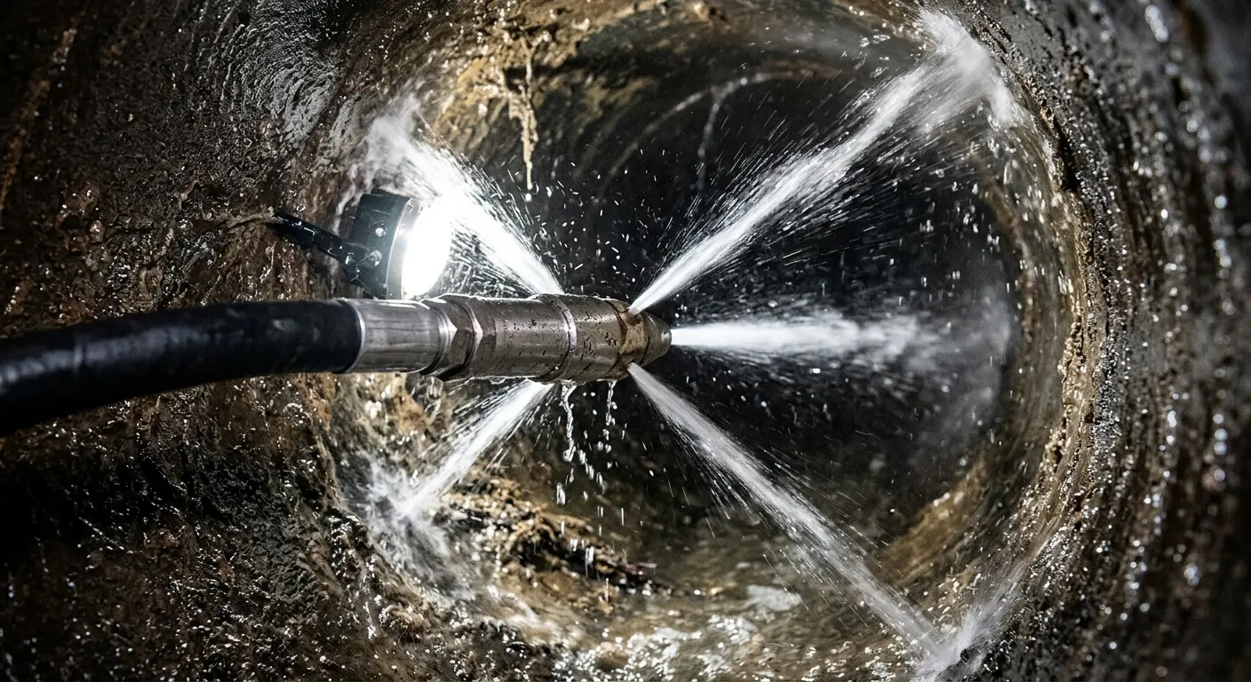High-pressure hydro jetting nozzle cleaning sewer pipe for Trenchless Sewer Repair in Ulysses