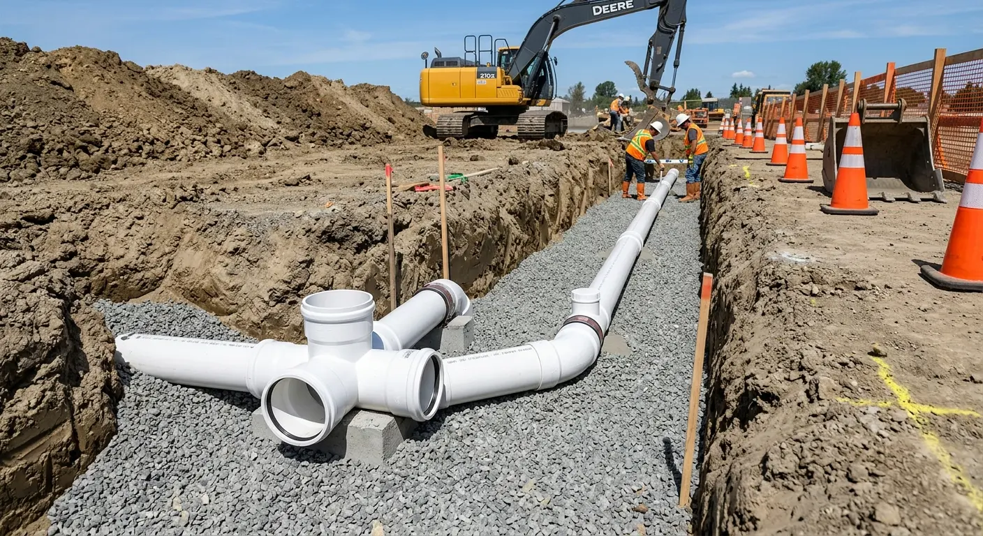 New PVC sewer pipe installation in open trench for Grease Trap Cleaning in Ulysses