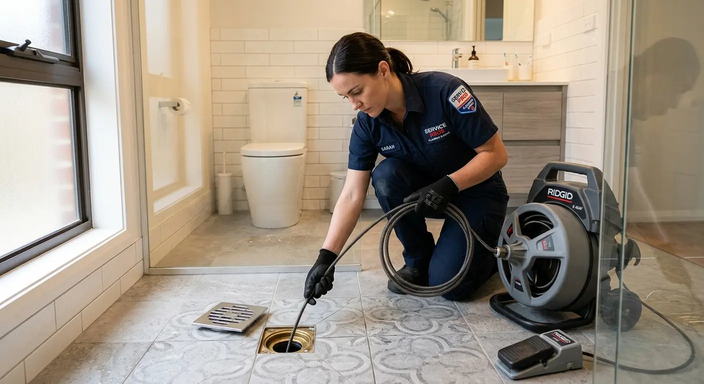 Technician clearing a bathroom floor drain for Clogged Drain Repair in Ulysses